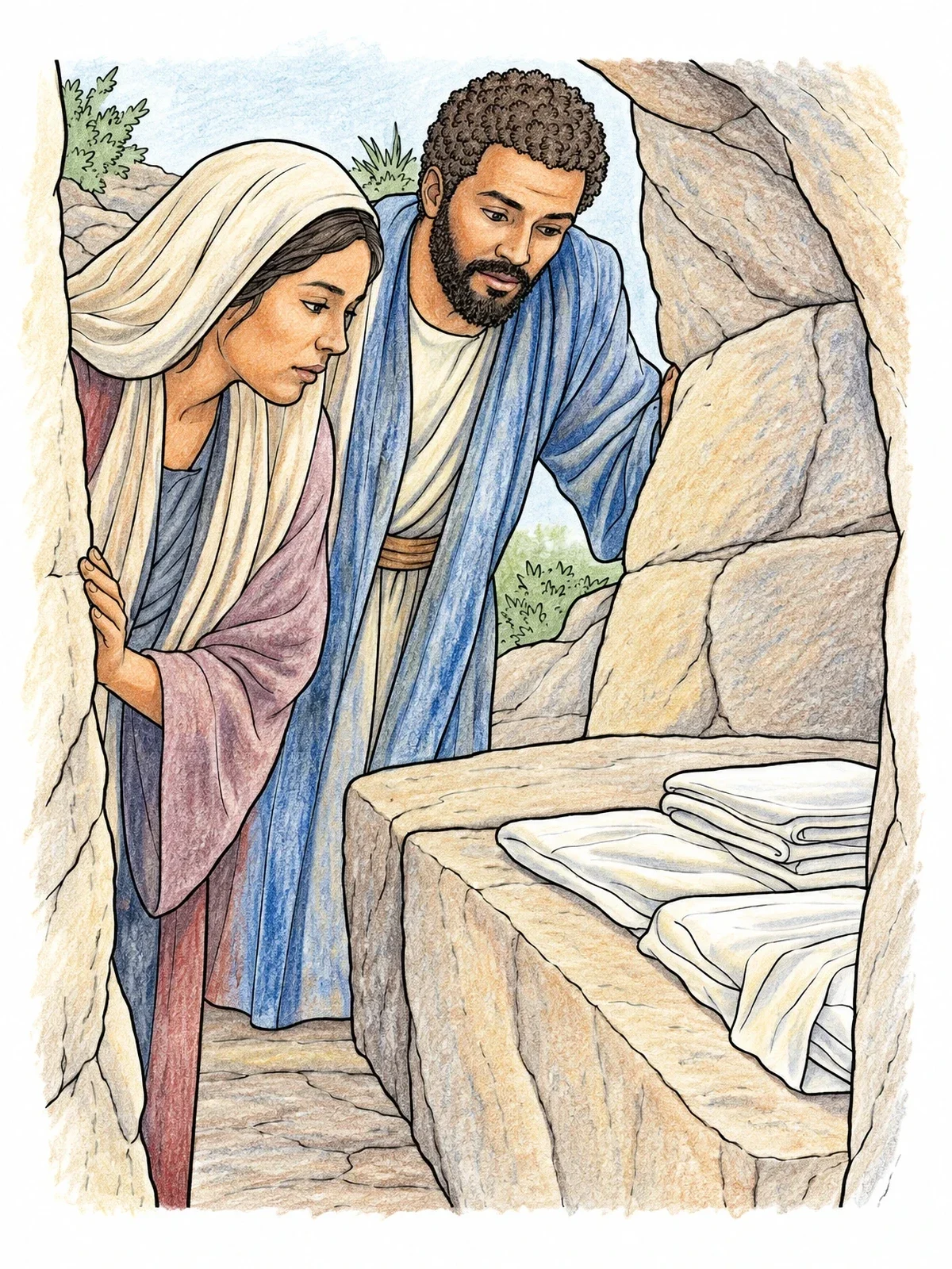 Colored example of the Disciples At The Empty Tomb coloring page