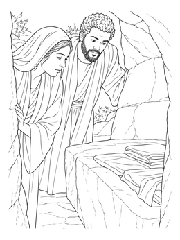 A woman and man look inside on this jesus empty tomb coloring page.