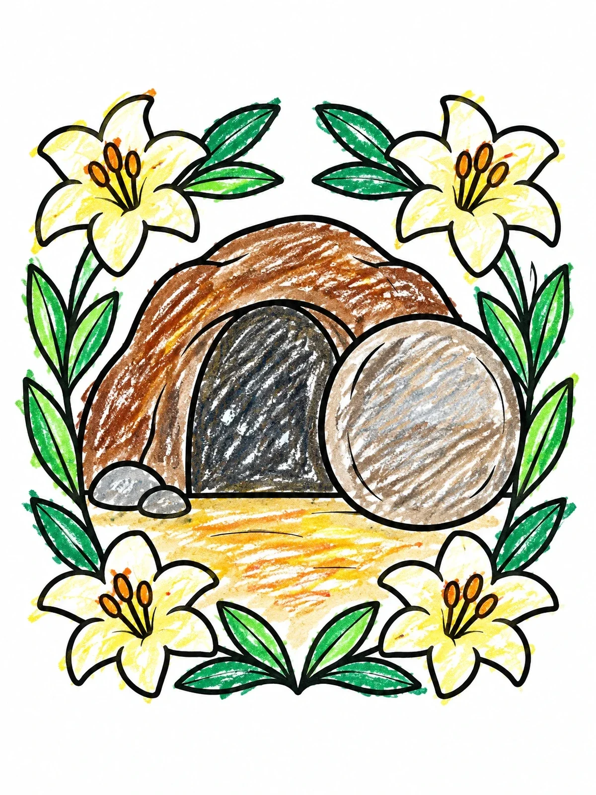 Colored example of the Empty Tomb Framed By Easter Lilies coloring page