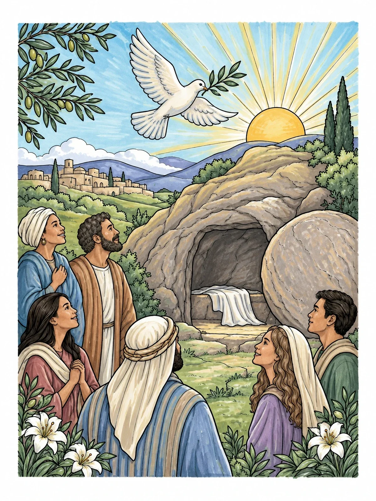 Colored example of the Empty Tomb With Flying Dove At Sunrise coloring page