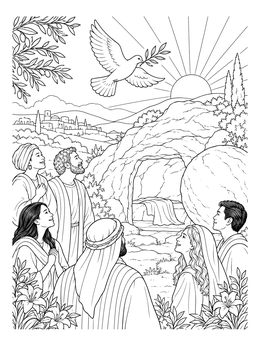 A jesus empty tomb coloring page with people watching a dove with an olive branch at dawn.