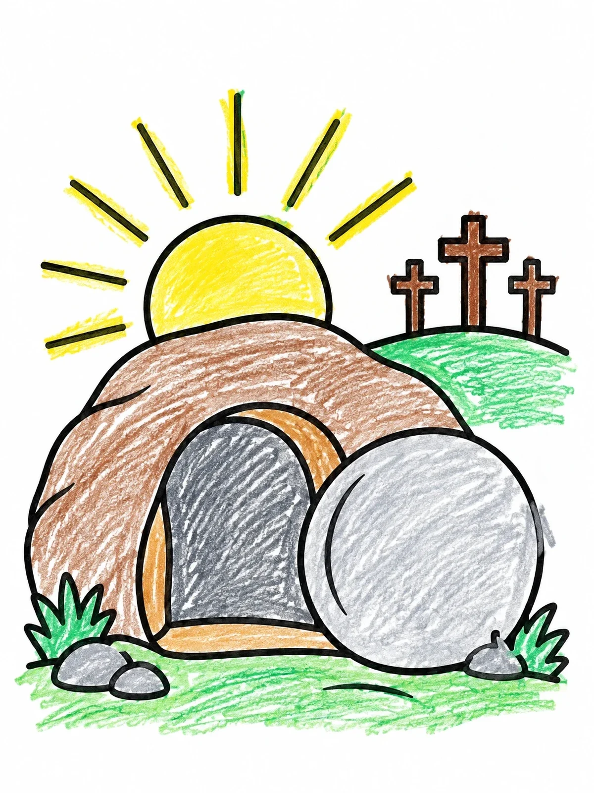 Colored example of the Empty Tomb At Sunrise With Crosses coloring page