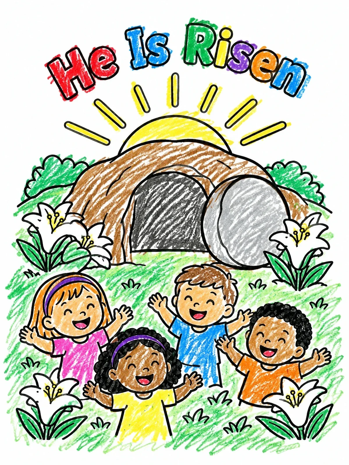 Colored example of the He Is Risen And Empty Tomb coloring page