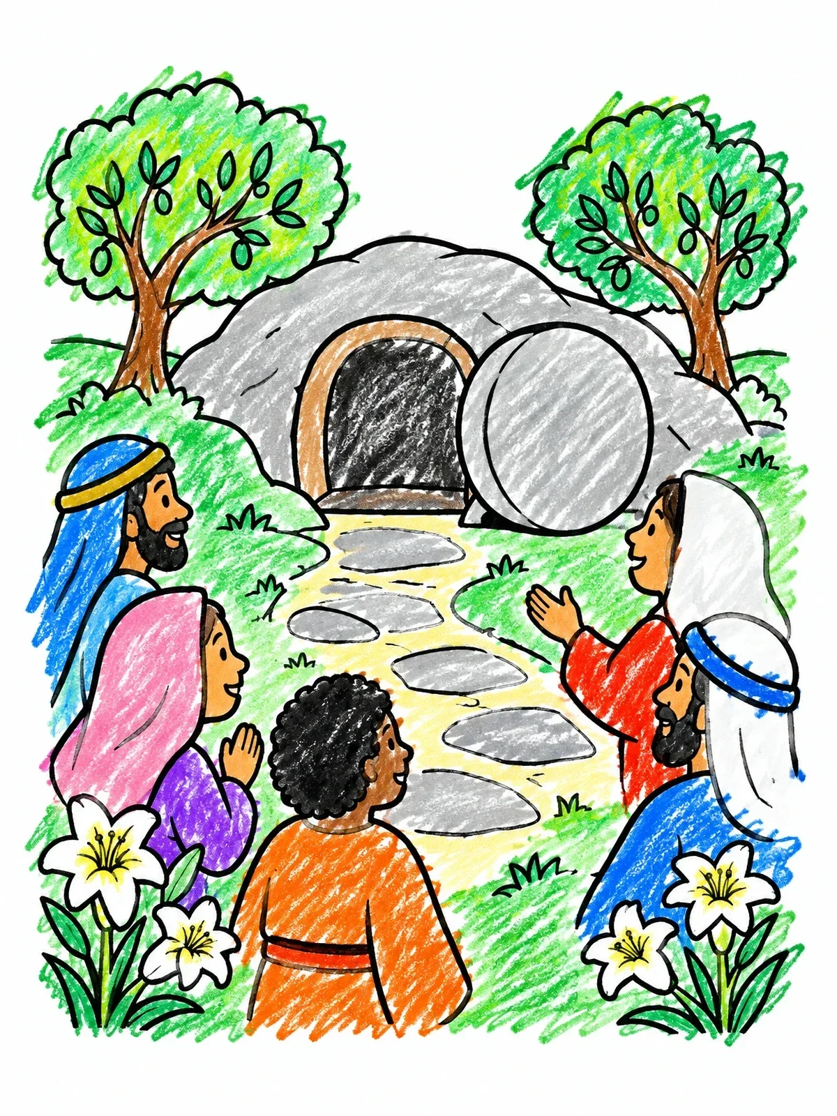 Colored example of the Joyful People At The Empty Tomb coloring page