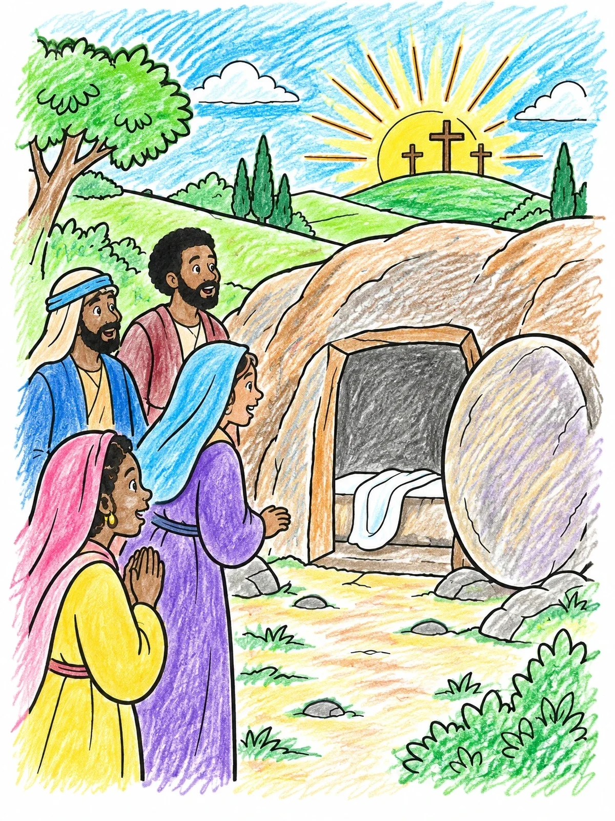Colored example of the Empty Tomb At Sunrise With Disciples coloring page
