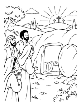 Free printable Empty Tomb At Sunrise With Disciples coloring page