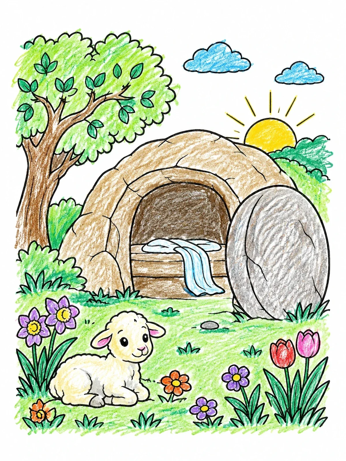 Colored example of the Empty Tomb With Little Lamb coloring page