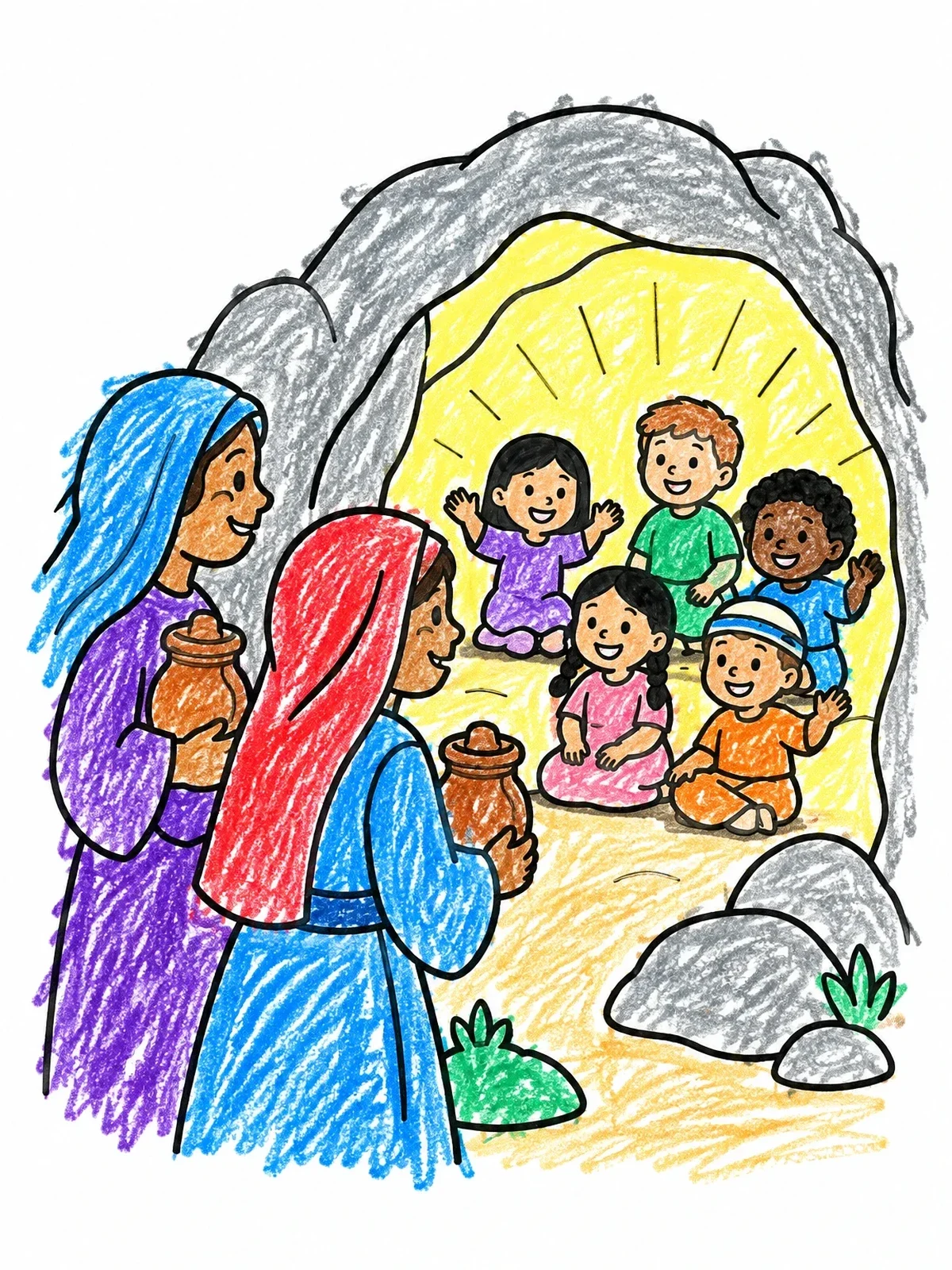 Colored example of the Women And Children At The Tomb coloring page