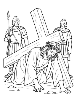 Jesus falls on the ground beneath the heavy wood in this cross coloring page.