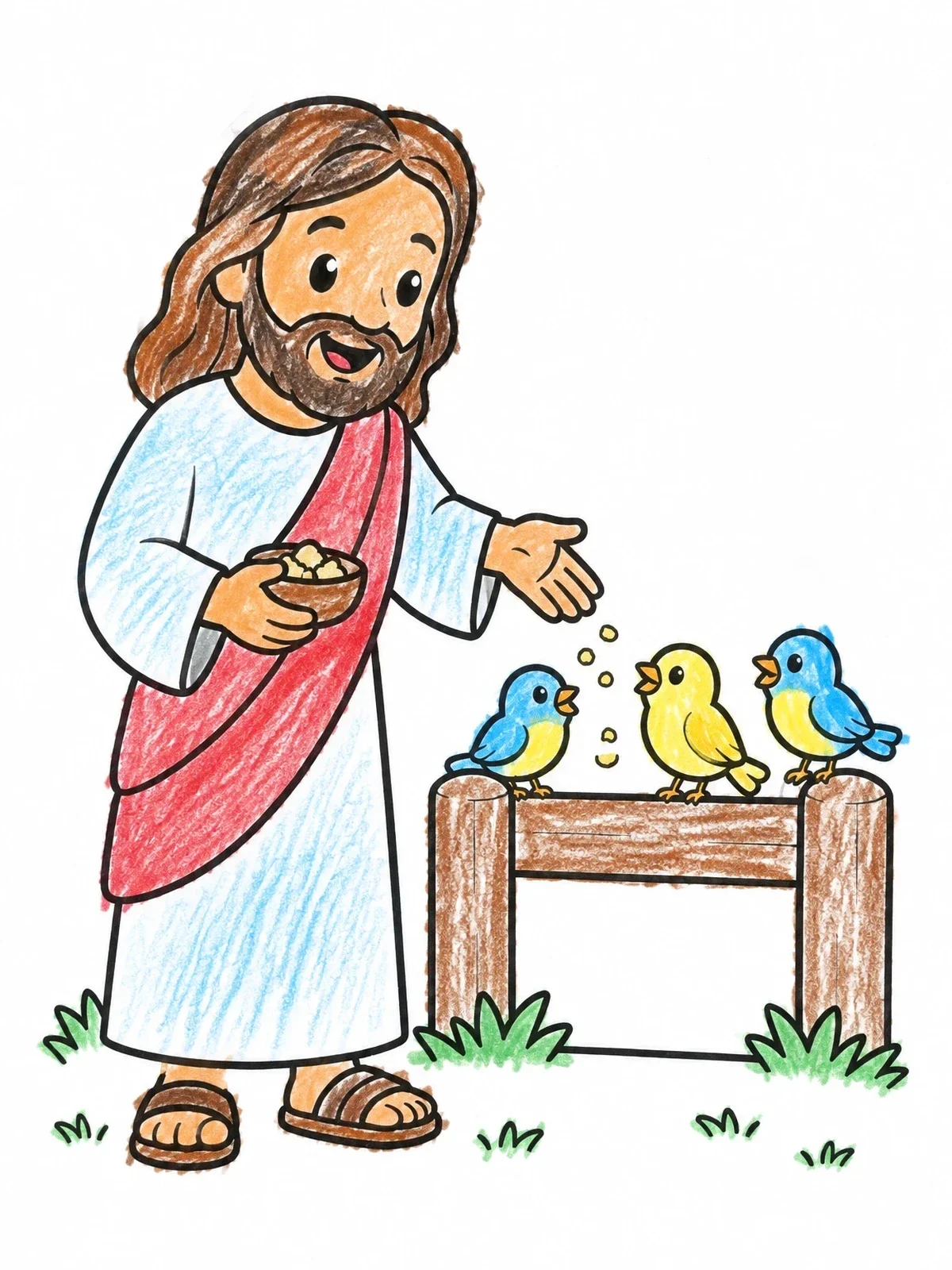 Colored example of the Jesus Feeding Birds On A Fence coloring page