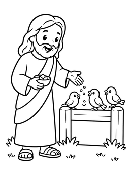 Free printable Jesus Feeding Birds On A Fence coloring page