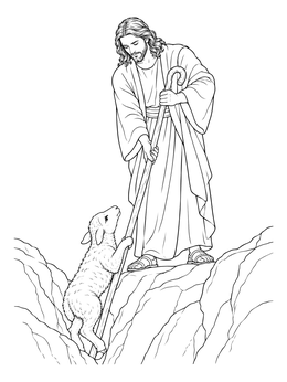 A shepherd coloring page featuring Jesus using his staff to rescue a small lamb from a ravine.