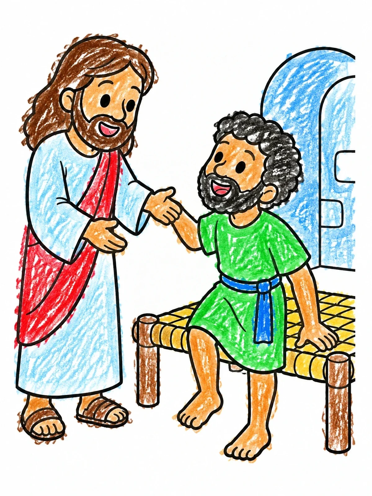 Colored example of the Jesus Helps The Healed Man coloring page
