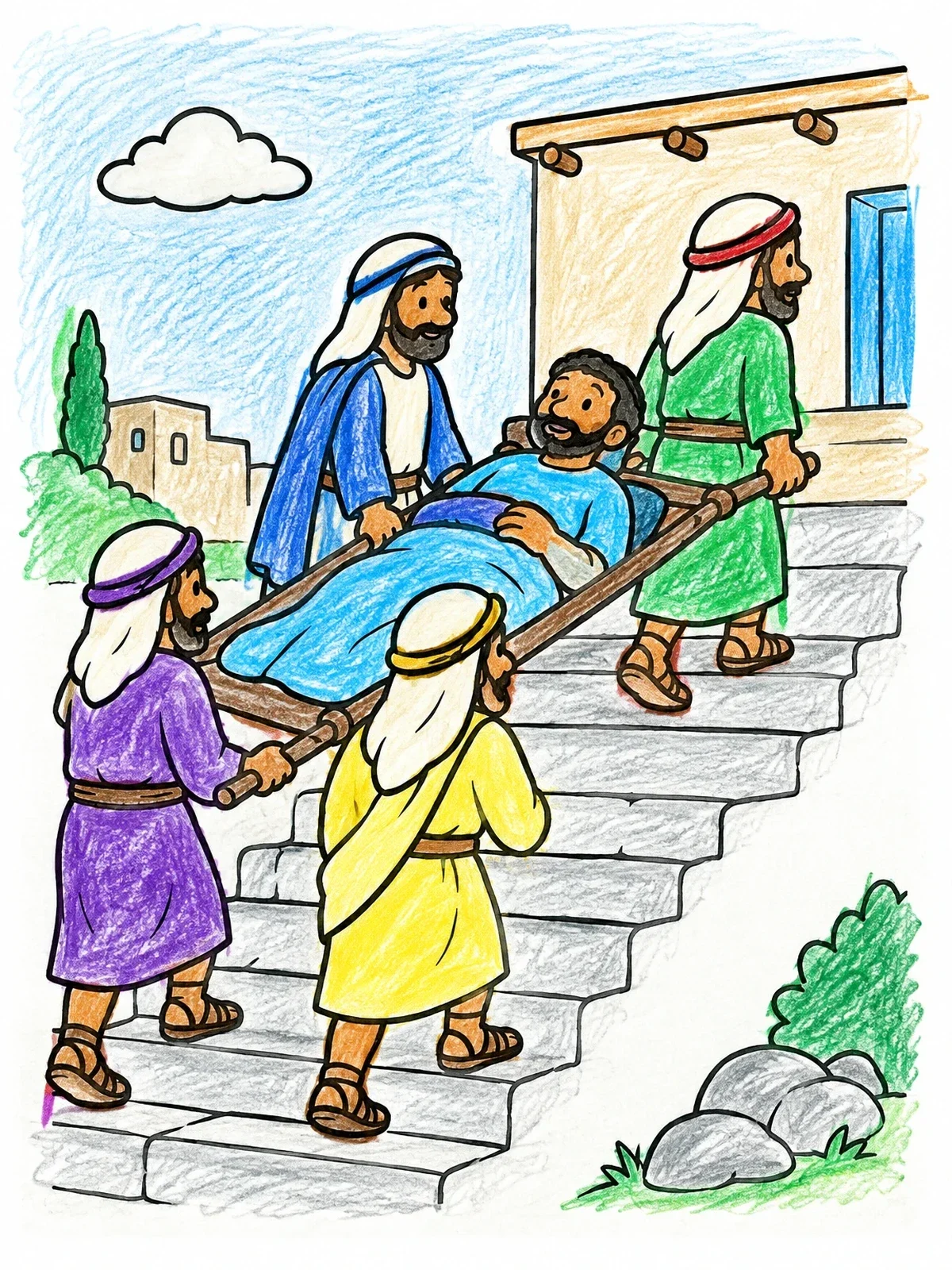 Colored example of the Friends Carrying Man Up The Stairs coloring page