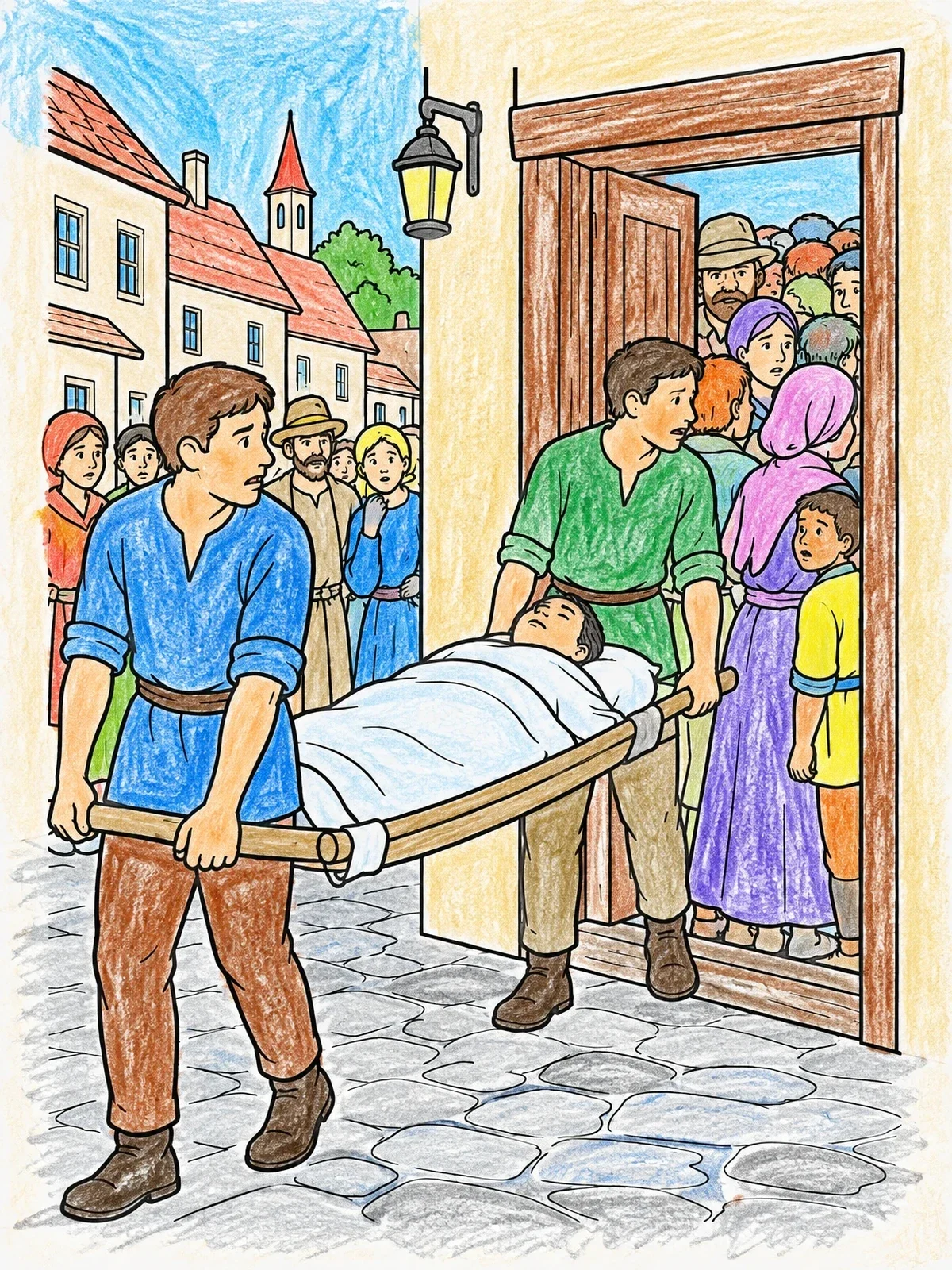 Colored example of the Friends Carrying The Paralyzed Man coloring page