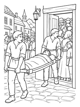 A detailed jesus healed the paralyzed man coloring page showing two friends carrying a stretcher toward a crowded doorway.