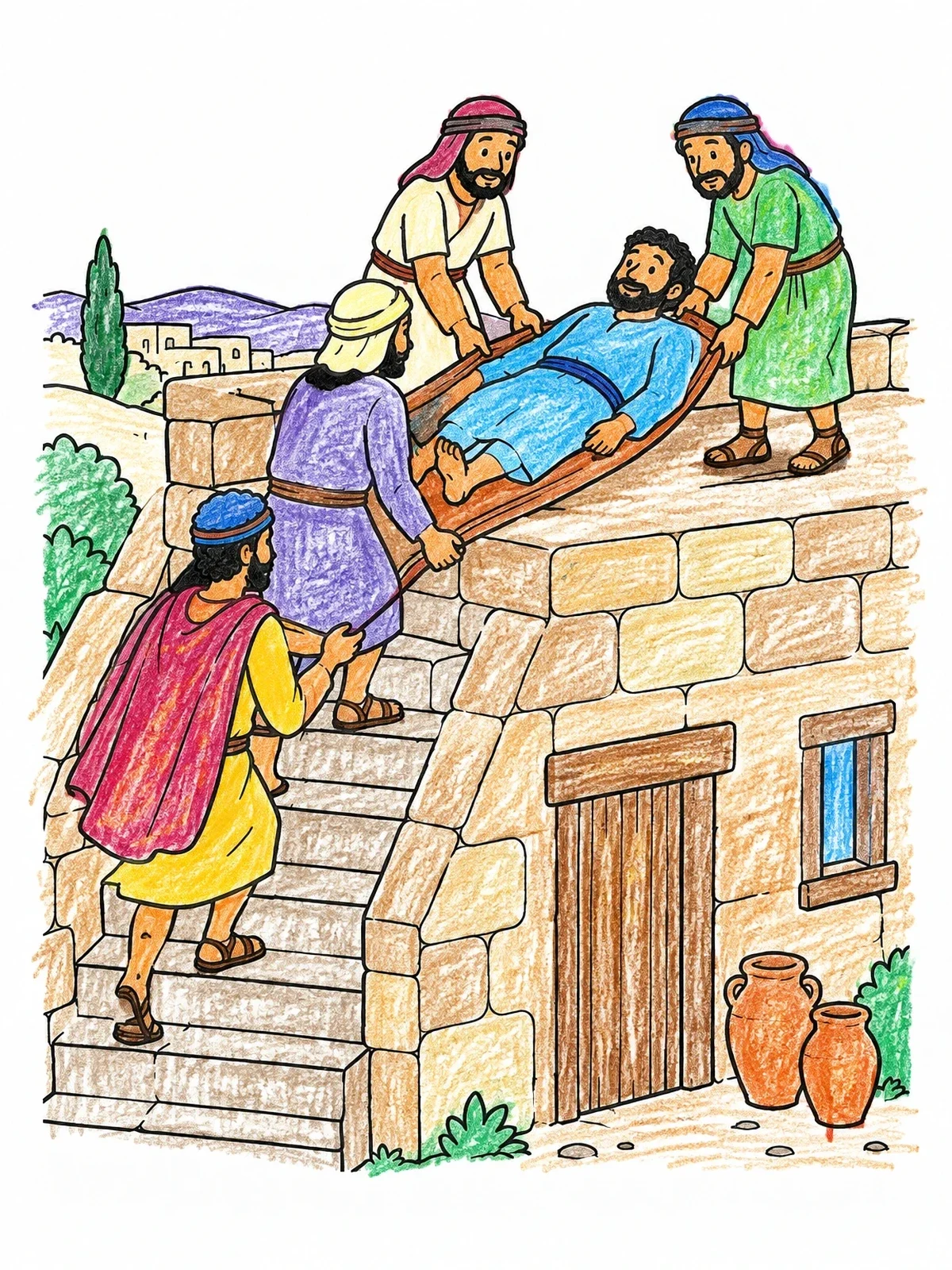 Colored example of the Friends Carrying Man Up The Roof coloring page