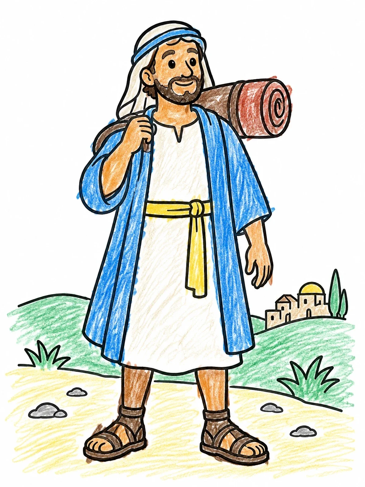 Colored example of the Healed Man Carrying His Mat coloring page