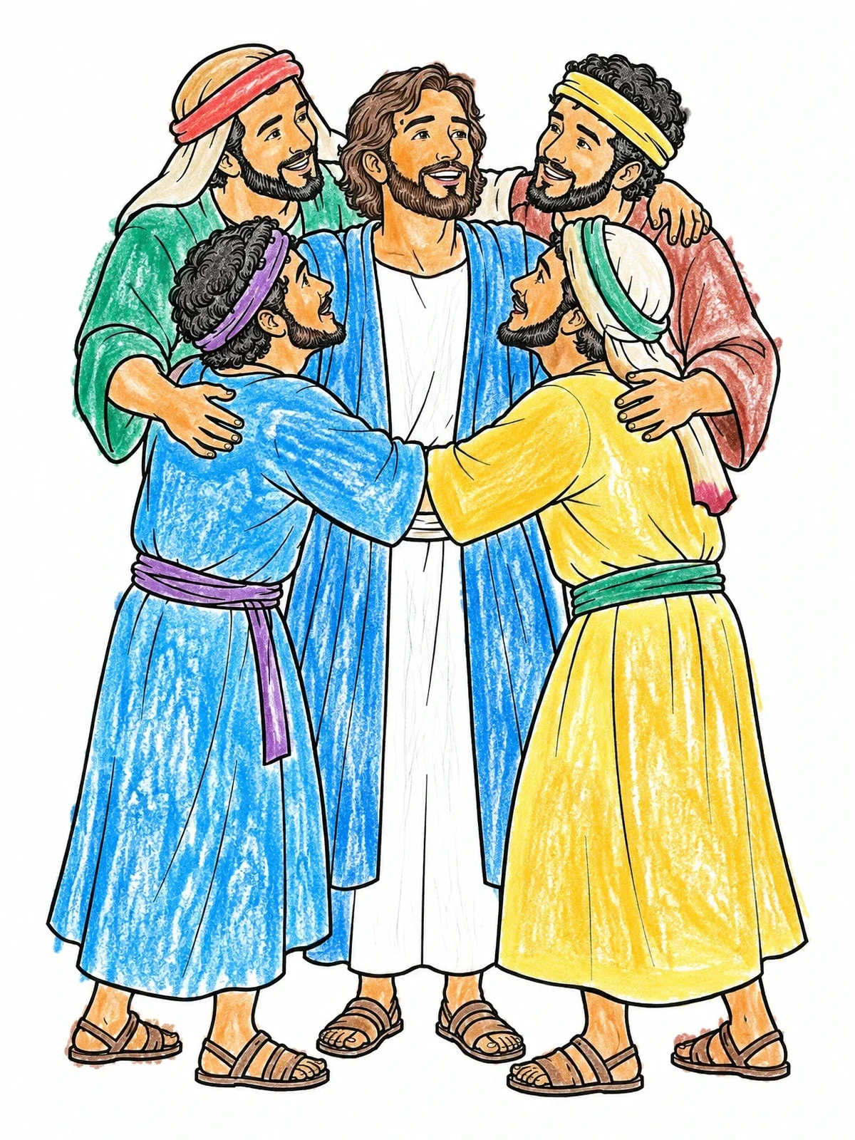 Colored example of the Joyful Friends Embracing In Celebration coloring page