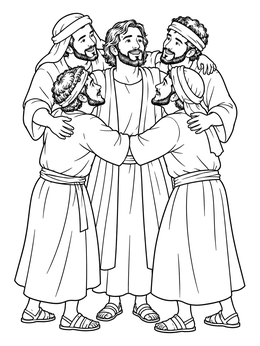 A joyful group embrace on this jesus healed the paralyzed man coloring page.