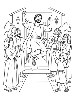 A joyful scene in this jesus healed the paralyzed man coloring page as he leaps outside.