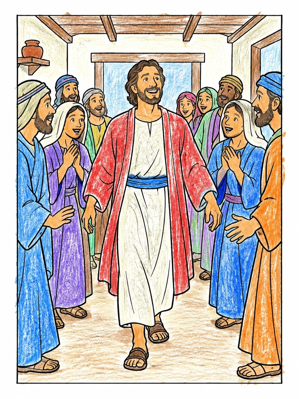 Colored example of the Healed Man Walking Through Amazed Crowd coloring page