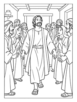 A joyful scene in this jesus healed the paralyzed man coloring page as he walks through a cheerful crowd.