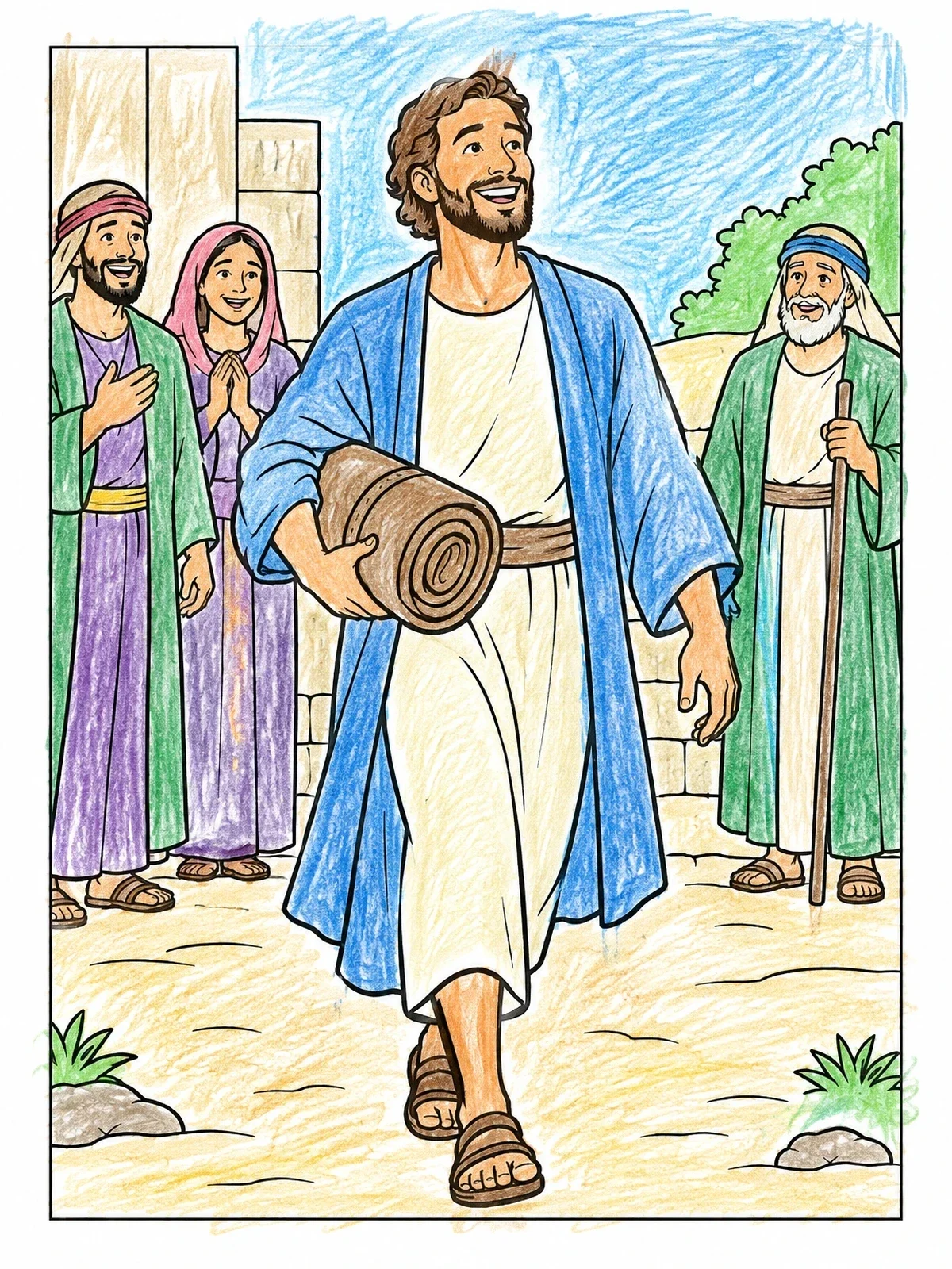 Colored example of the Healed Man Carrying His Mat coloring page