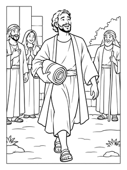 A joyful scene in this jesus healed the paralyzed man coloring page with people watching.