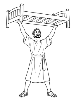 A joyful man lifts his wooden cot in this jesus healed the paralyzed man coloring page.
