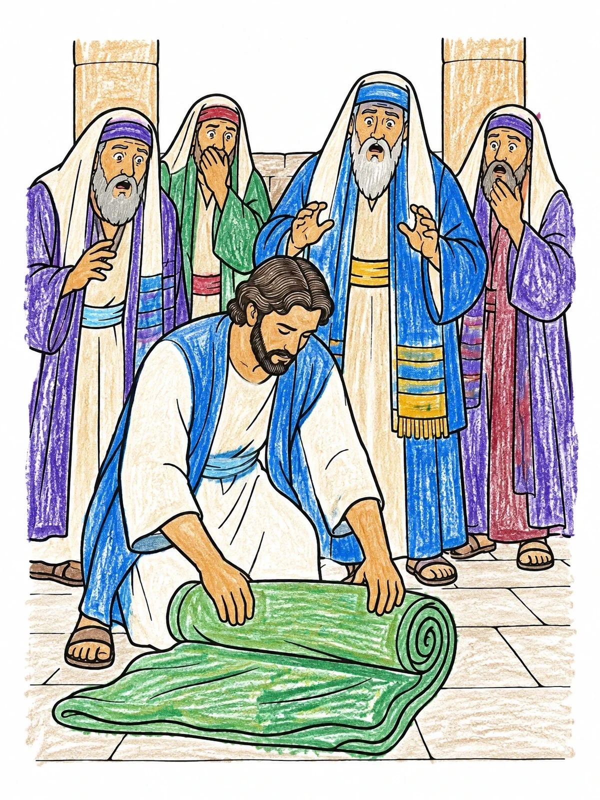 Colored example of the Healed Man Rolling His Mat coloring page