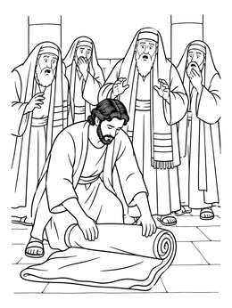 An astonished crowd watches in this jesus healed the paralyzed man coloring page as he rolls up his mat.