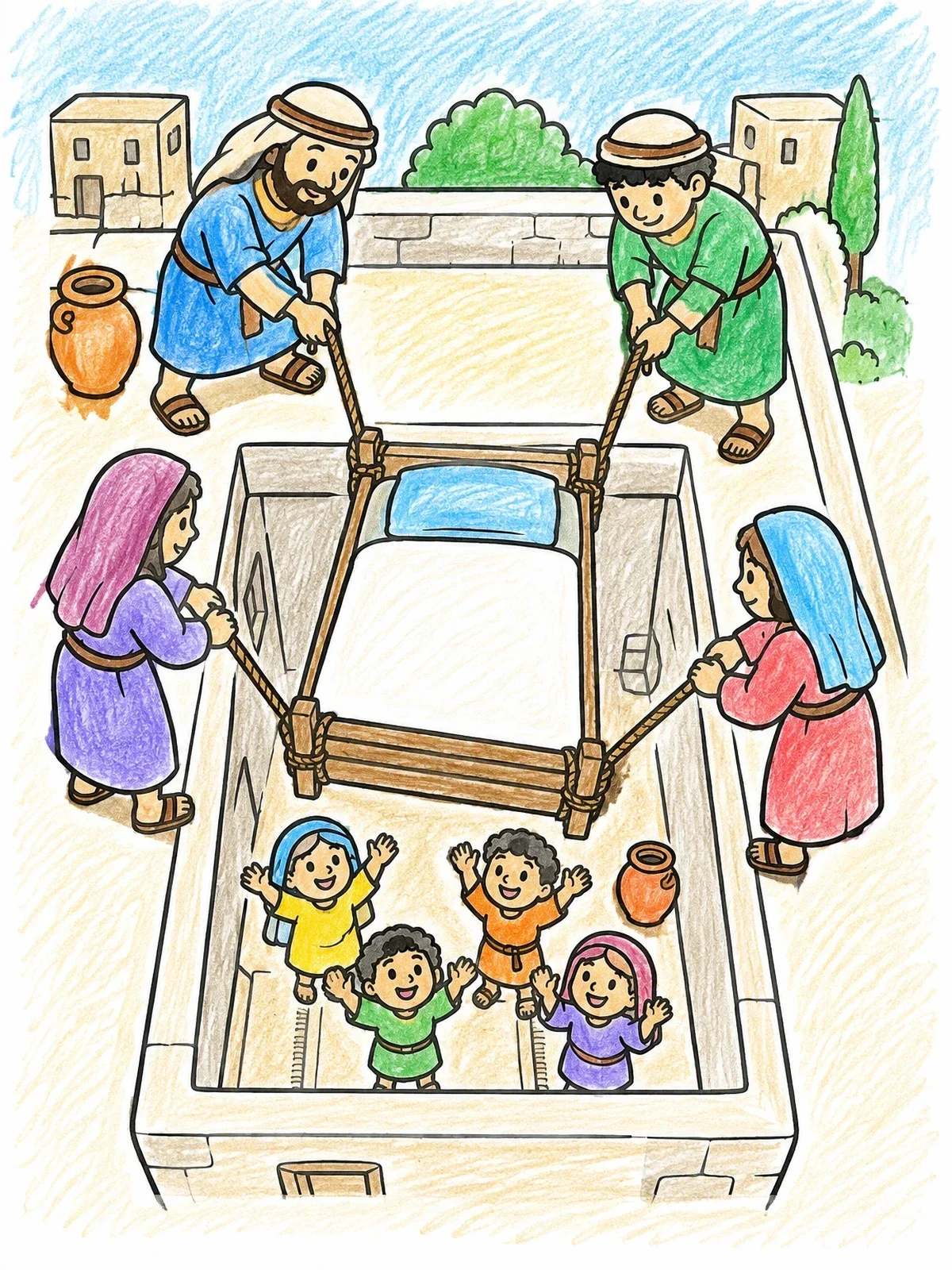 Colored example of the Lowering The Bed Through The Roof coloring page