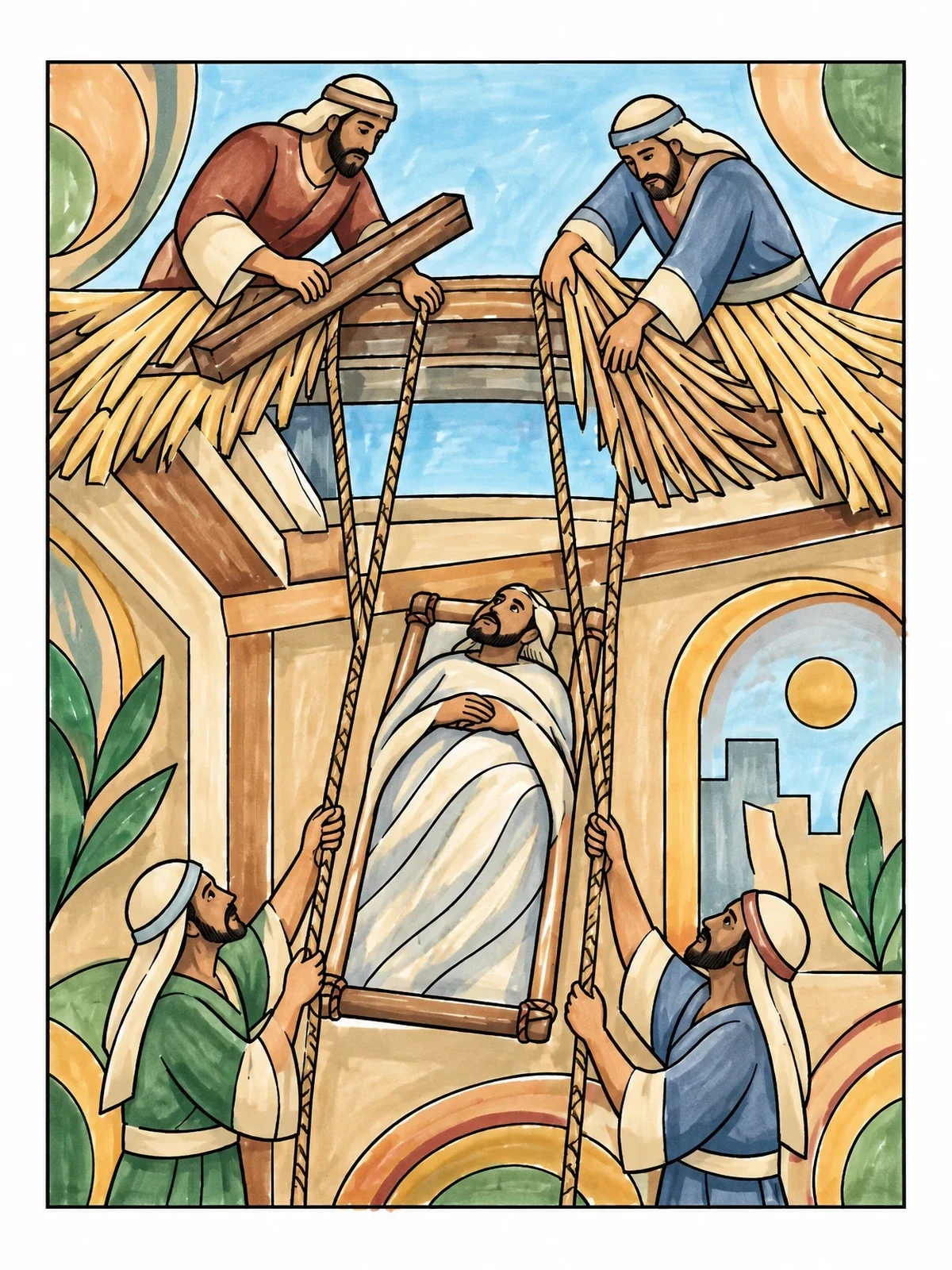 Colored example of the Lowering Paralyzed Man Through The Roof coloring page