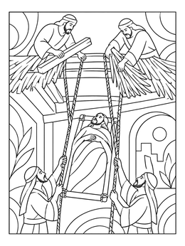 In this jesus healed the paralyzed man coloring page, devoted friends lower a bed through a thatched ceiling opening.