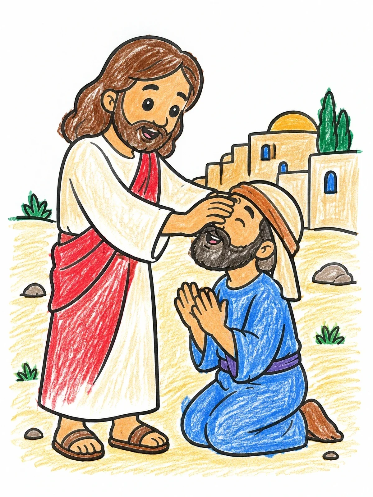 Colored example of the Jesus Healing A Blind Man coloring page