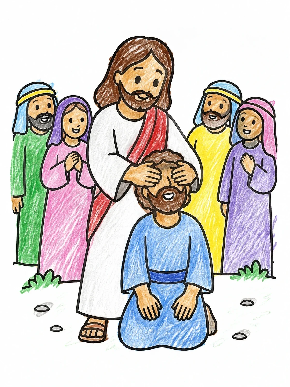 Colored example of the Jesus Healing A Blind Man coloring page