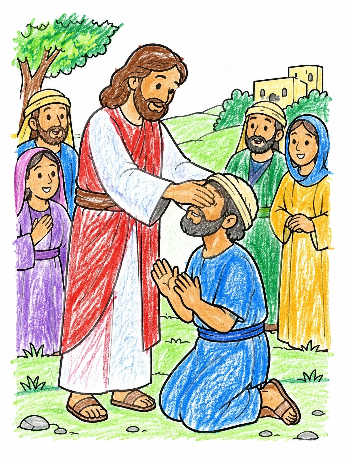 Colored example of the Jesus Healing The Blind Man coloring page