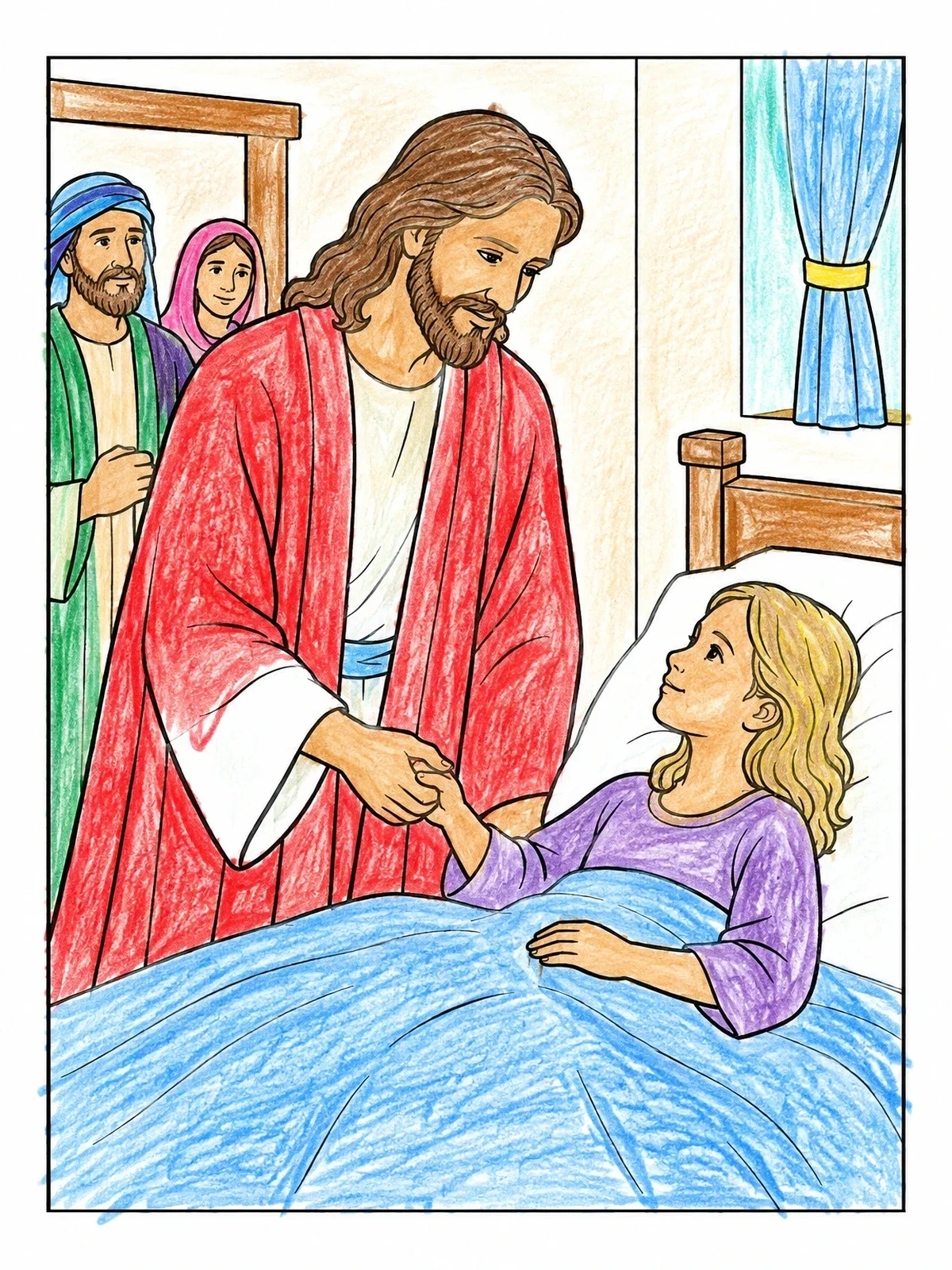 Colored example of the Jesus Healing Jairus' Daughter coloring page