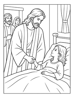 In this jesus heals coloring page, Christ holds the hand of a young girl resting in her bed.