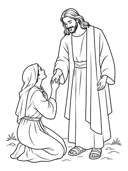 Free printable Jesus Reaching Out To Kneeling Woman coloring page