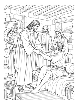 A detailed scene showing how jesus healed the paralyzed man coloring page inside a rustic home.