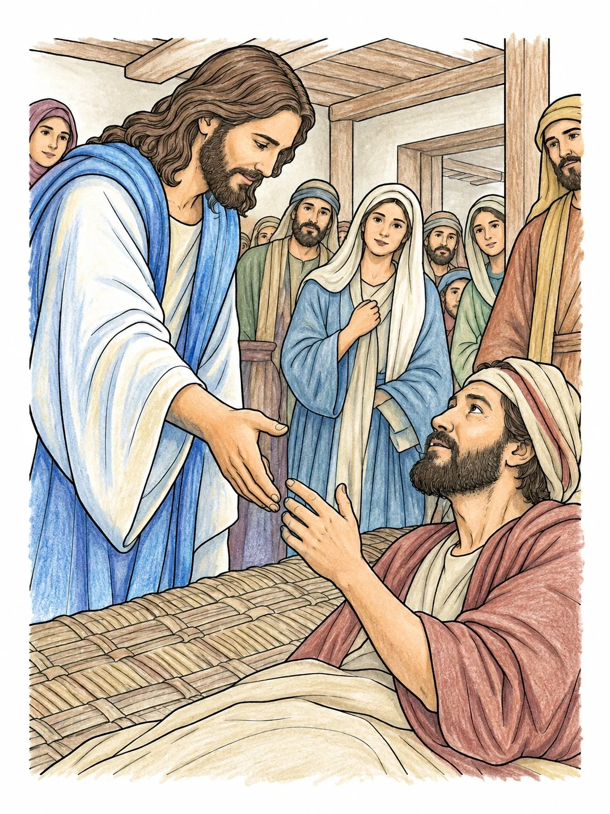 Colored example of the Jesus Healing The Paralyzed Man coloring page