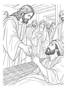 A detailed jesus heals coloring page showing Christ reaching out His hand to a man on a mat in Capernaum.