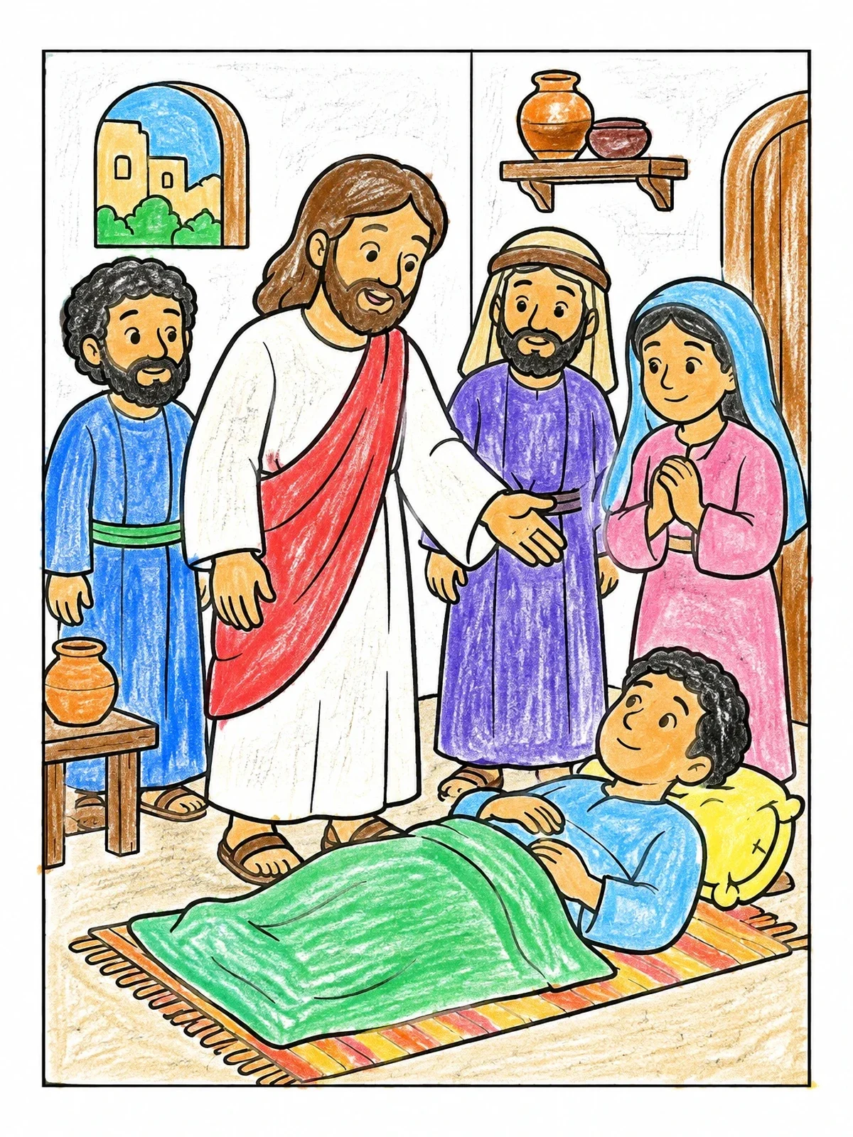 Colored example of the Jesus Healing Sick Man On Mat coloring page