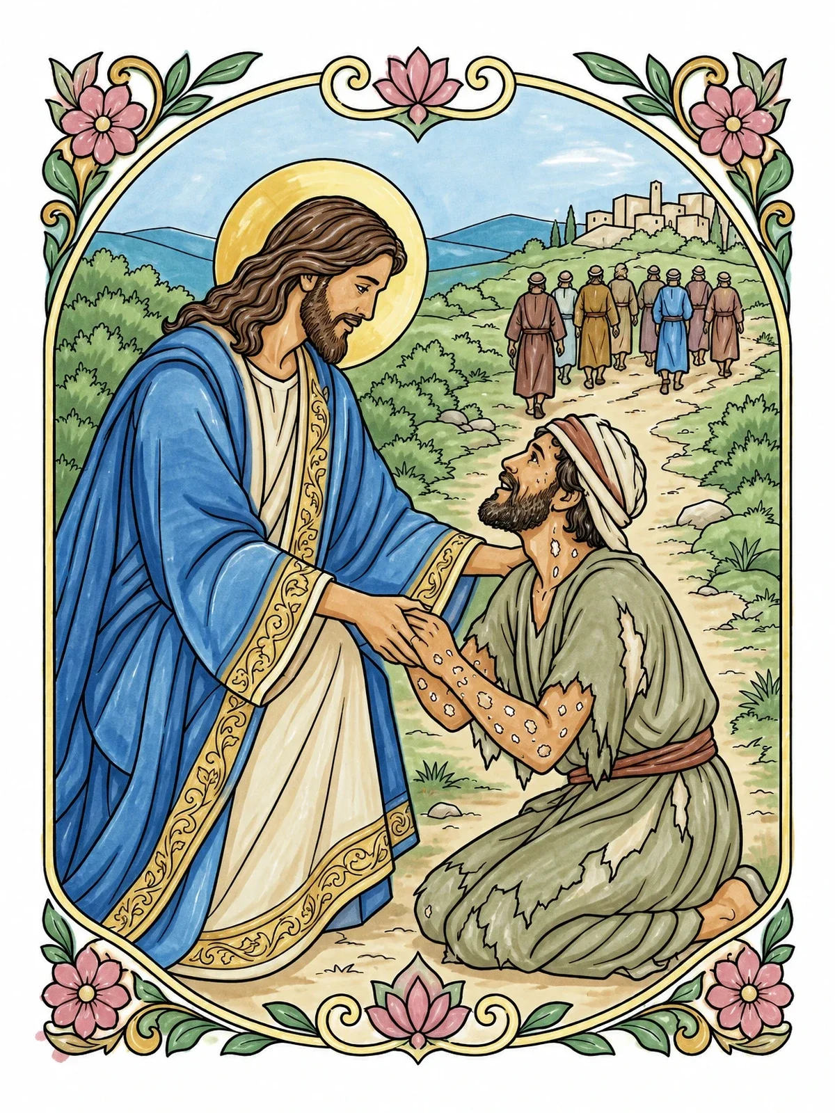 Colored example of the Jesus Blessing The Grateful Man coloring page