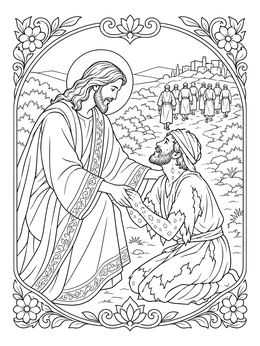 A detailed jesus heals coloring page showing Christ blessing a kneeling man as others walk away.