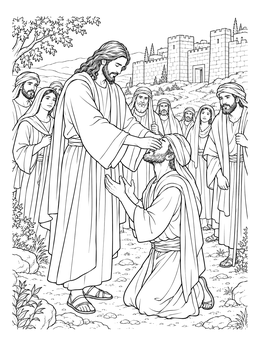A detailed jesus heals the blind man coloring page outside ancient city walls.