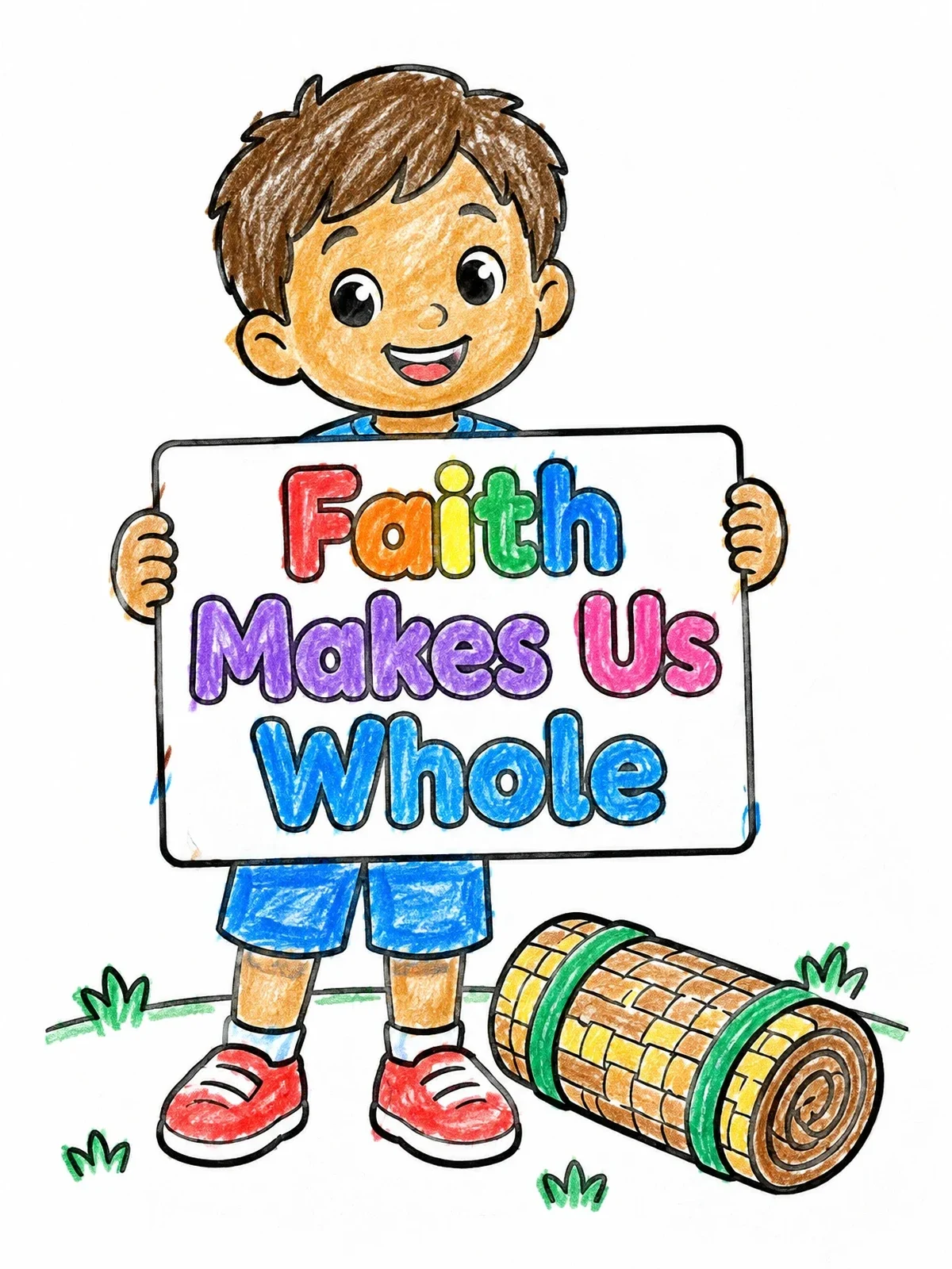 Colored example of the Boy With Healing Sign And Mat coloring page