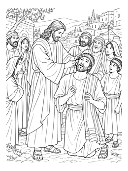 A detailed jesus miracles coloring page showing Jesus healing a kneeling man surrounded by onlookers.
